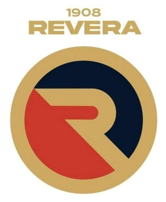 Applied-for composite sign 1908 REVERA with a circular emblem bearing the letter R, Ukrainian application No. m202324500